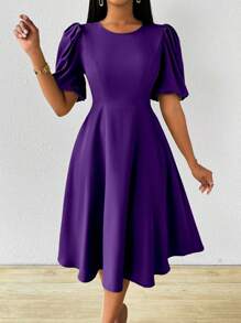 Lyxana Green Women's Long Puff Sleeve Waisted Flare Dress, Spring/Summer Maxi Women Outfit