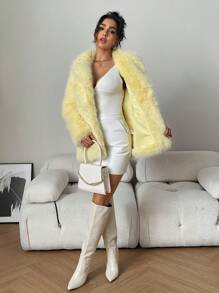 Almamuse Fox Fur Collar Faux Leather Jacket, Minimalist Fashion Casual Everyday Wear Fall Winter Cloth For Women