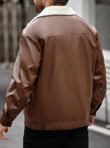 Manfinity Homme Chaqueta casual de otoño/invierno para hombre, con cuello de sherpa y color block en piel de imitación