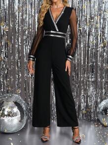 Ellevyn Mono de mujer de mangas largas con cuello en V cruzado, atuendo elegante para fiestas con decoración de lentejuelas