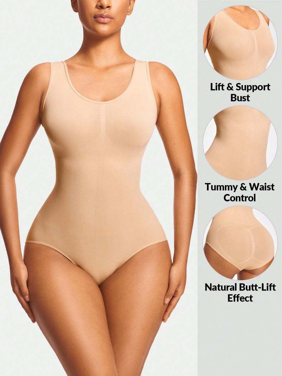 SHAPORA Seamless Brief Bodysuit Body Shaper Bust&Butt Lifter With Adjustable Strapes-Tummy Waist Control - Beige - View 1