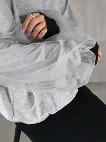 FRIFUL Women Mesh Contrast Loose Batwing Sleeve Round Neck T-Shirt - Grey - View 7