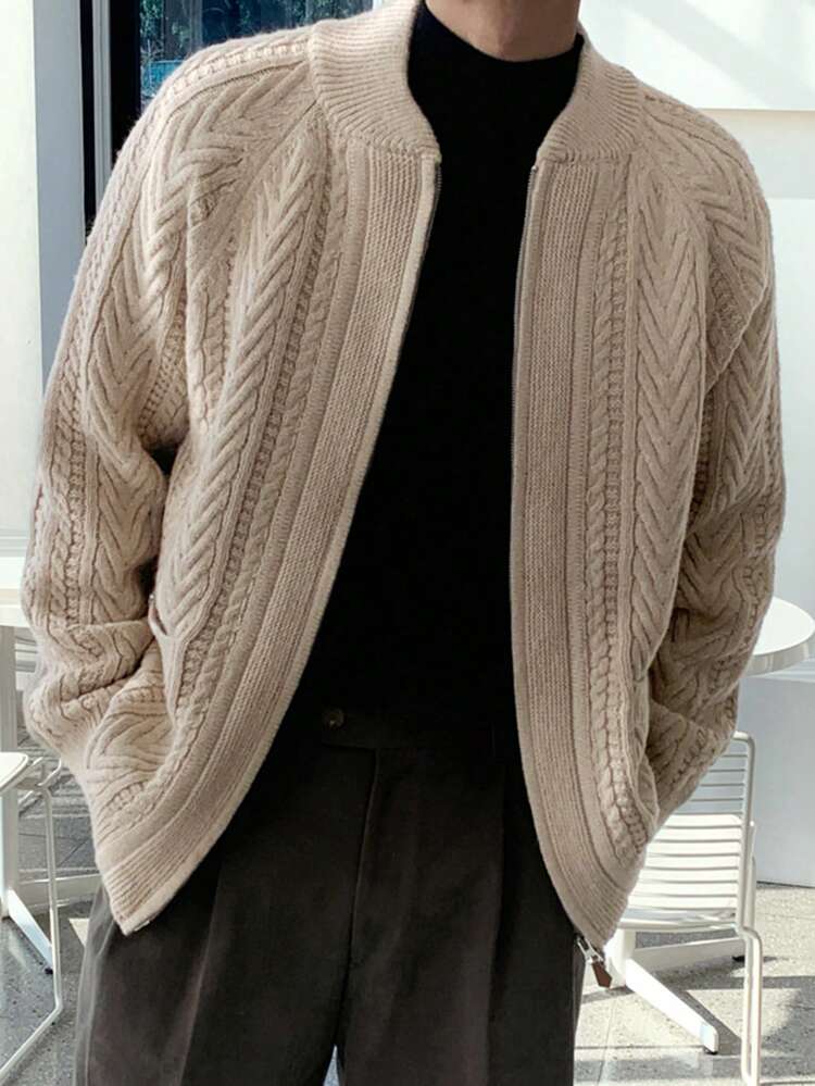 Men Solid Color Raglan Sleeve Zipper Front Casual Cardigan, Autumn/Winter Jacket