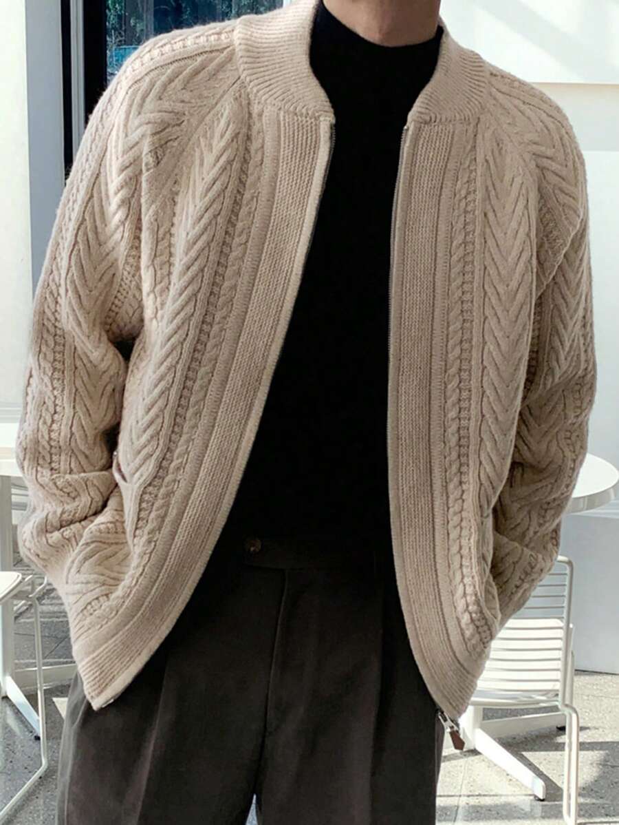 DAZY Men Solid Color Raglan Sleeve Zipper Front Casual Cardigan, Autumn/Winter Jacket