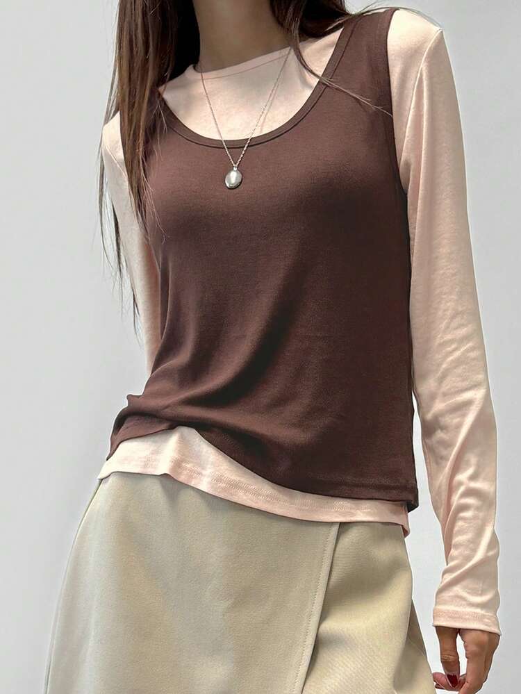 Women's Solid Color Asymmetrical 2 Pieces T-Shirt, Brown, Spring/Summer,Fall Clothes Long Sleeve Women Tops