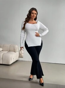 SHEIN Essnce 大码休闲纯色长袖侧开衩毛衣，秋季，冬季 - 白色 - 查看 6