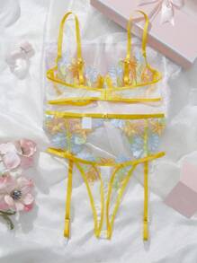 3 件套女士黄莲花性感内衣套装 - 彩色 - 查看 2