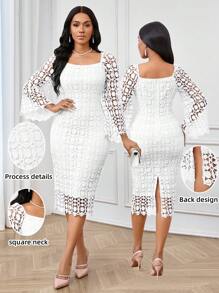 SHEIN Lady 四季秋装化妆舞会礼服优雅女士连衣裙秋季紫色连衣裙蕾丝镂空面料婚纱紫色返校节礼服演唱会女士蕾丝长袖装优雅修身喇叭长袖连衣裙秋季女装 - 白色 - 查看 1