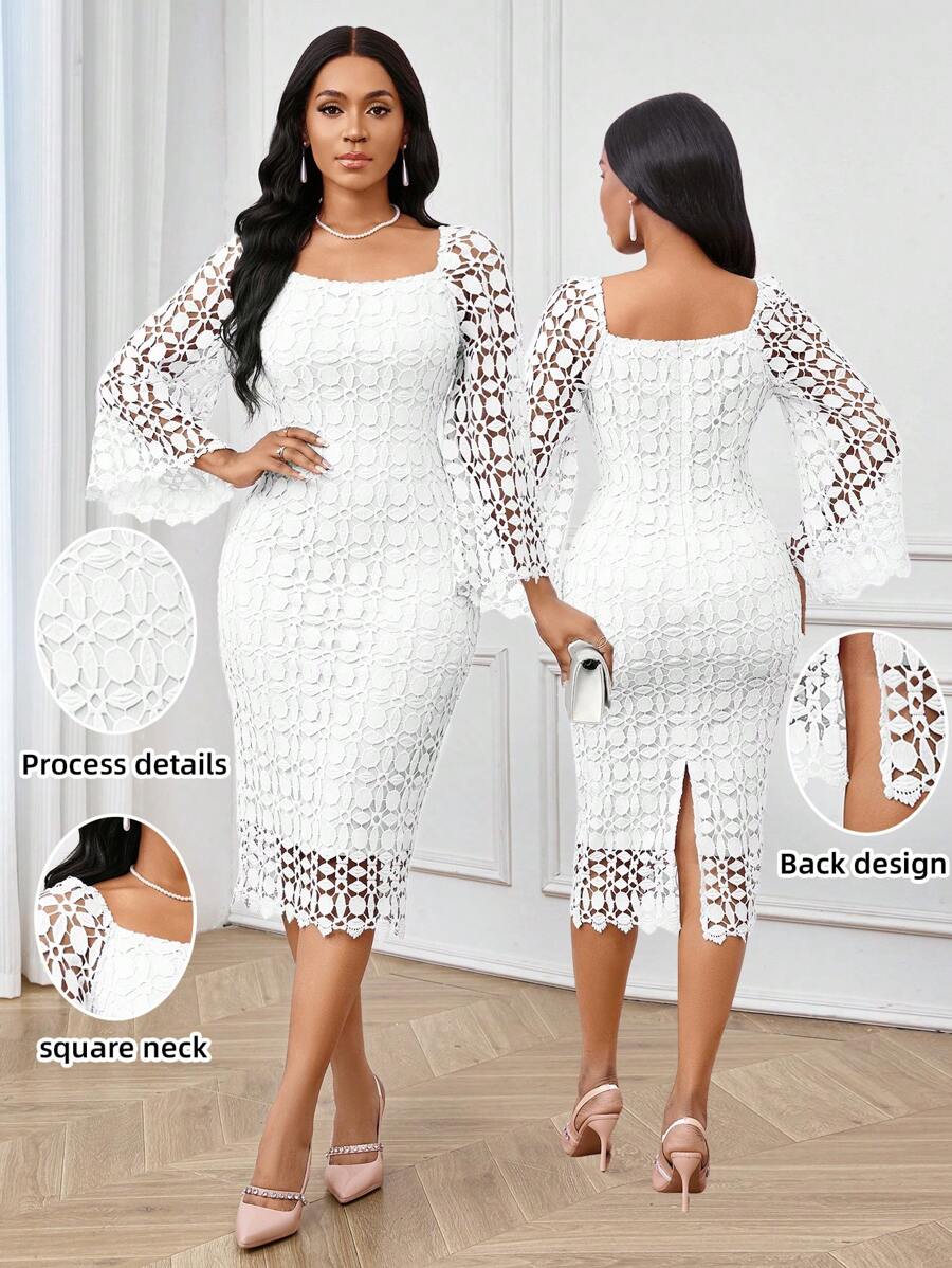 SHEIN Lady 四季秋装化妆舞会礼服优雅女士连衣裙秋季紫色连衣裙蕾丝镂空面料婚纱紫色返校节礼服演唱会女士蕾丝长袖装优雅修身喇叭长袖连衣裙秋季女装 - 白色 - 查看 1