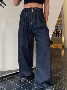 Women Casual Folded Fringed Wide Leg Jeans - Dark Wash - View 7