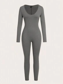 SHEIN SXY 2 Pairs Women Solid Color Tight Fit Jumpsuit Pants, Casual For Autumn/Winter - Grey - View 4