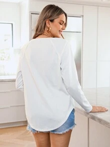 SHEIN LUNE Damen einfarbiges Rippenstruktur Carmen-Ausschnitt T-Shirt mit Rundhalsausschnitt und Bogenausschnitt, Langarm