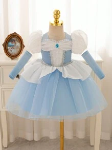 SHEIN Glamorique Kids 圣诞节,派对装,圣诞老人连衣裙,新年连衣裙,圣诞女婴连衣裙,万圣节女婴连衣裙,公主连衣裙,天鹅绒袖套装,生日派对婚礼节日连衣裙,女童蓝色泡泡袖连衣裙,蓝色薄纱,宝石,舞台COS - 藍色 - 查看 1