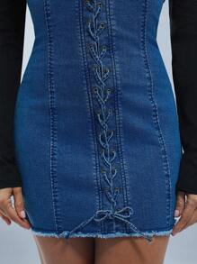 Denimoi Brushed Jersey Long Sleeve Lace Up Raw Edge Jean Dress - Multicolor - View 4