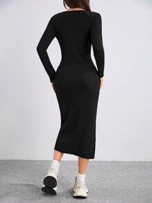 SHEIN Unity Vestido de Tricô Slim Casual de Manga Longa com Recorte Vazado de Cor Sólida, para Outono e Inverno - Preto - Visão 2