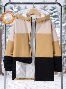 SHEIN Teen Boys' Color Block Hooded Thick Warm Winter Coat, Casual Minimalist Design For Daily Wear, School, Street Style, Autumn/Winter - Multicolor - View 1