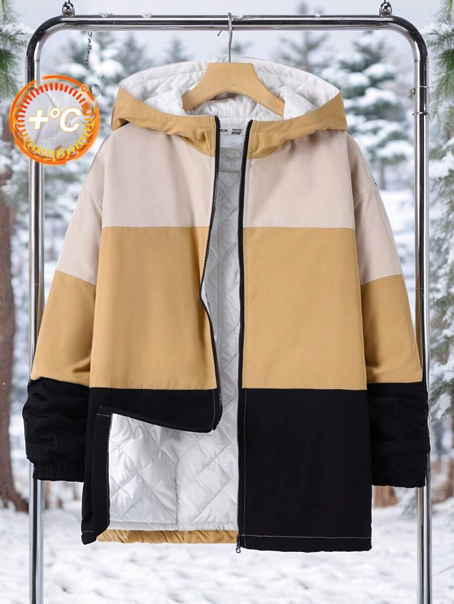 SHEIN Teen Boys' Color Block Hooded Thick Warm Winter Coat, Casual Minimalist Design For Daily Wear, School, Street Style, Autumn/Winter - Multicolor - View 1