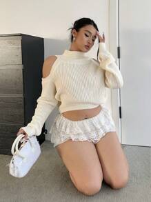SHEIN Unity Plus Size Autumn/Winter Stylish Minimalist High Collar Fitted Hollow Out Cropped Women Long Sleeve Sweater Knit Pullover Fall - Beige - View 5