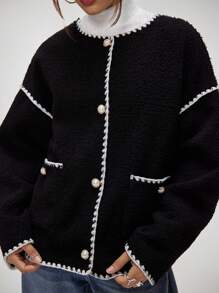Forever 21 黑色 AutumnTeddy 女士保暖内衬保暖夹克。单排扣翻领刺绣撞色边长袖女士夹克。宽松、休闲、时尚的街头服饰。 - 黑色 - 查看 7