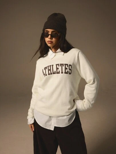 Athîral 女士字母印花长袖休闲宽松针织毛衣，秋冬