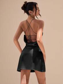 Glamine Đầm suông hở lưng màu trơn gợi cảm bằng vải satin phối ren cho nữ - màu đen - Xem 7