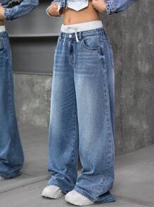 SHEIN Tienermeisje Y2K Blauwe Denim Thermische Gevoerde Kleur Blokkerende Tailleband Wijde Pijpen Broek, Herfst/Winter, Meisjes Herfst En Winterkleding, Coole Outfit/Meisjes Thanksgiving Outfit