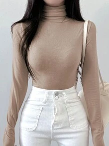 DAZY Women's Turtleneck Slim Fit Base Layer Pullover T-Shirt Long Sleeve Women Tops,Fall Women Clothes - Apricot - View 3