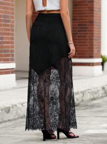 SHEIN VCAY Women's Elegant Solid Color Lace Patchwork Skirt, Autumn