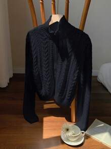 Muchica Áo len cardigan dài tay cổ đứng đan gân màu trơn cho nữ - Màu xanh hải quân - Xem 1
