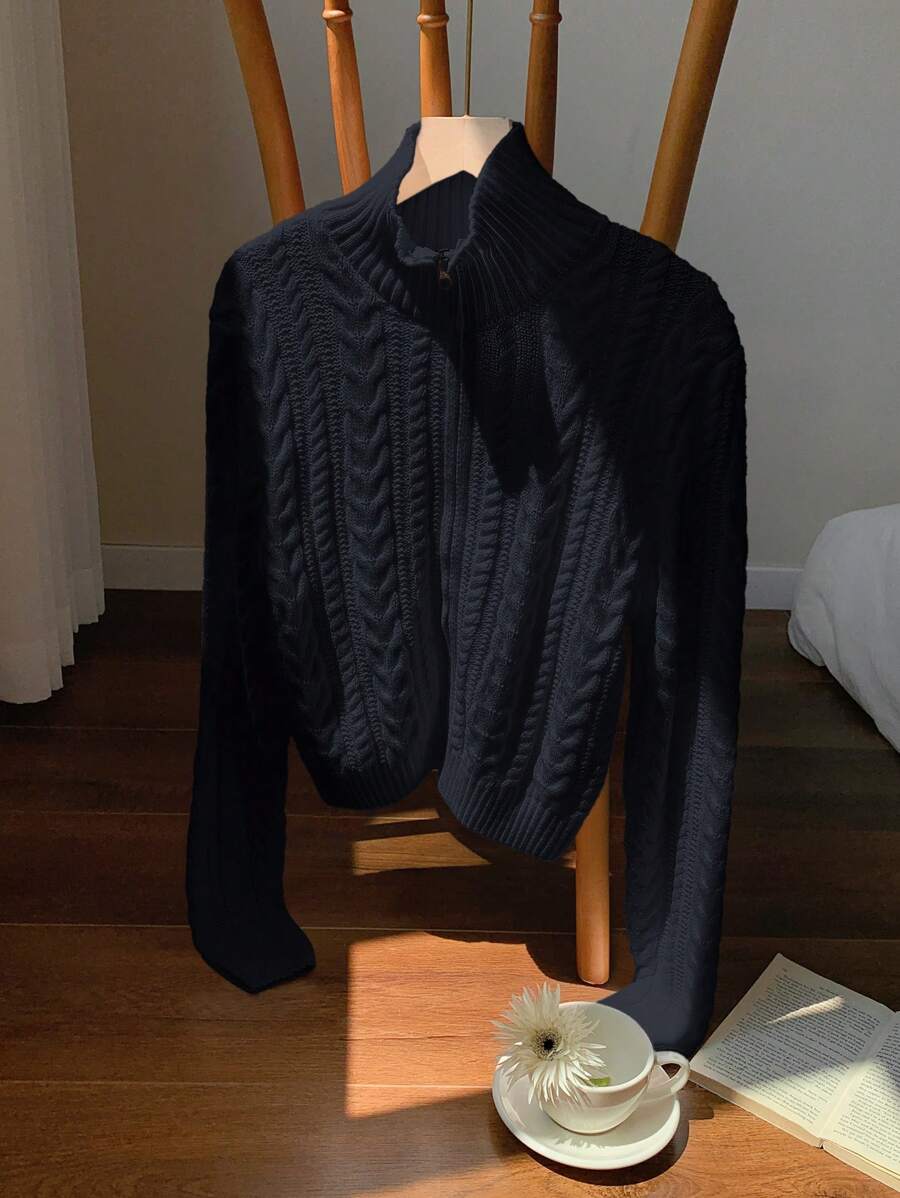 Muchica Áo len cardigan dài tay cổ đứng đan gân màu trơn cho nữ - Màu xanh hải quân - Xem 1