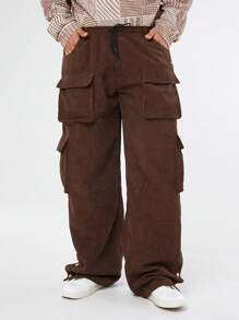 Manfinity NXTstreet Plus Size Men's Loose Fit Casual Corduroy Cargo Pants, Going Out Plain Long Baggy Beige Cargo Pants, For Husband, Boyfriend Gifts