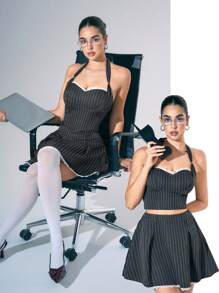 Zolique Grey Shirred Ruffle Trim Criss-Cross Halter Neck Tank Top For Women Graphic Tees Women Tops - Grey - View 1
