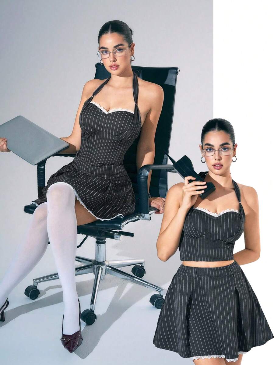 Zolique Grey Shirred Ruffle Trim Criss-Cross Halter Neck Tank Top For Women Graphic Tees Women Tops - Grey - View 1