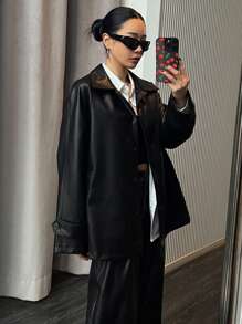 DAZY Loose Fit PU Mid-Length Women's Raglan Sleeve Casual Regular Jacket,Fall Clothes - Black - View 2