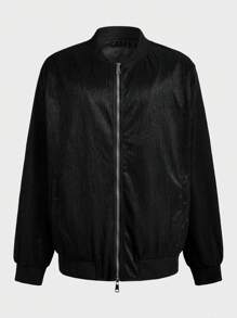 Manfinity Homme Chaqueta de béisbol casual con cremallera y manga larga de unicolor para hombre de talla grande, chaqueta gráfica cálida de moda para salir en otoño, para regalos a amigos, esposo, novio - Negro - Ver 1