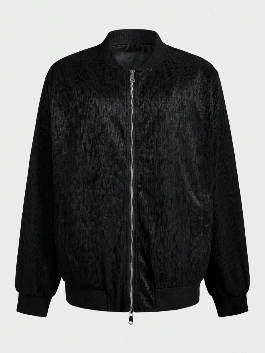 Manfinity Homme Chaqueta de béisbol casual con cremallera y manga larga de unicolor para hombre de talla grande, chaqueta gráfica cálida de moda para salir en otoño, para regalos a amigos, esposo, novio - Negro - Ver 1