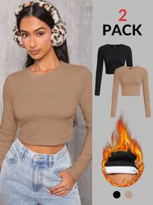 SHEIN PETITE 2 Packs Of Composite Velvet Thermal Lined Fabric Casual And Simple Round Neck Long Sleeve Tight Cropped Women's T-Shirt Suitable For Autumn And Winter