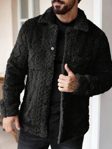 Manfinity Homme Men's Casual Solid Color Fuzzy Jacket For Autumn/Winter ,Men Flannel,Winter Men Jacket