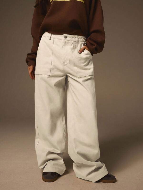 Athîral Pantalones holgados de pierna ancha de unicolor con bolsillos, de estilo casual y versátil para mujeres