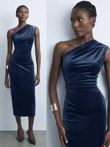 Maija Autumn/Winter New Urban Chic Elegant Party And Casual Vintage Outdoor Mocha Brown Velvet Waist Cinched Long Dress For Women,,Summer Clothes,Summer Outfits ,Country Concert Outfit ,Streetwear Women,Stockholm Style,Stockholm Style,Club,Teacher, Teacher Outfits For Women - Dusty Blue - View 1