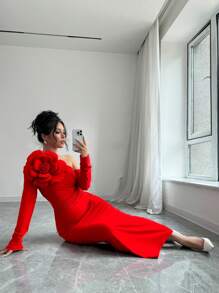 Selianne 1 chiếc váy dài tay xếp ly eo hoa lệch vai cho nữ thanh lịch cho quần áo năm mới maxi trang phục cho phụ nữ - Đỏ - Xem 5