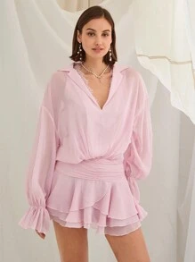 Enchnt 春冬浪漫女士粉色围脖蕾丝领落肩长袖层叠荷叶边下摆迷你连衣裙，甜美优雅的装扮，适合情人节、圣诞派对、新年、生日、节日、甜蜜约会之夜和日常通勤 - 粉色 - 查看 6