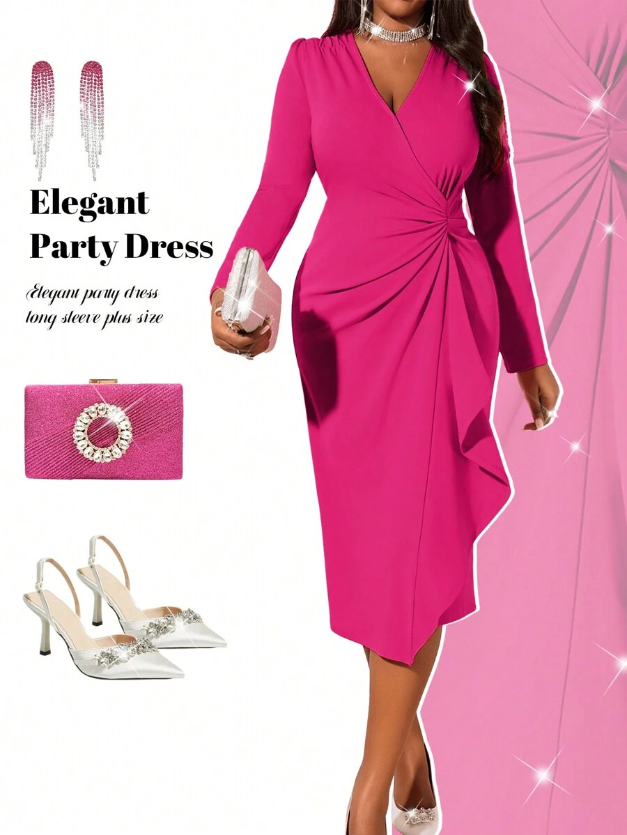 Fleurora Spring And Summer Autumn And Winter Elegant Rose Red Autumn And Winter Elegant Vintage Work Wedding Cocktail Party Valentine's Day New Year Party Knitted Depp V Neck Rhinestone Flounce New Product Bodycon Dress Plus Size Dresses Formal Dress Prom Dress Plus Size Dresses - Hot Pink - View 1