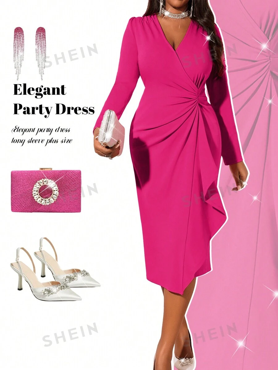 Fleurora Vestido de punto con cuello en V profundo, volantes y pedrería, elegante y vintage, para trabajo, boda, fiesta de cóctel, San Valentín, Año Nuevo, en tallas grandes, vestido formal, vestido de graduación, en tallas grandes