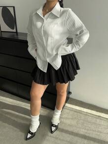 Flirla 大码休闲修身腰部前开长袖条纹衬衫 - 彩色 - 查看 4