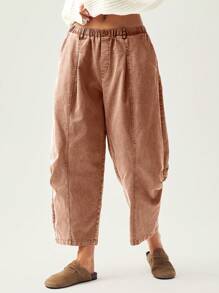 Bohemela Pantalon décontracté de vacances pour femmes de couleur unie, taille élastique, relâché, avec poches, forme lanterne - Marron - Voir 5