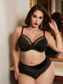Seduluxe Soutien-gorge grande taille en dentelle et mesh contrastés, confort de soutien et d'enveloppement, sans fil