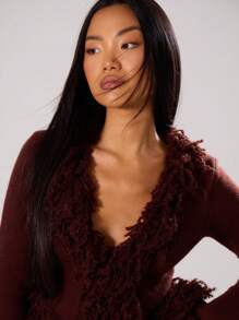 MUSERA 复古毛边针织开衫，适合春季、Y2K、90年代风格，休闲可爱，适合感恩节、新年和圣诞节穿着。 - 巧克力棕 - 查看 5