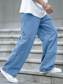 Manfinity EMRG Plus Size Men's Casual Letter Print Straight Leg Jeans - Light Wash - View 5