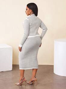 Zolique 3件套：条纹针织毛衣上衣、条纹针织毛衣背心、条纹针织裙，优雅休闲简约秋冬 - 米色 - 查看 2